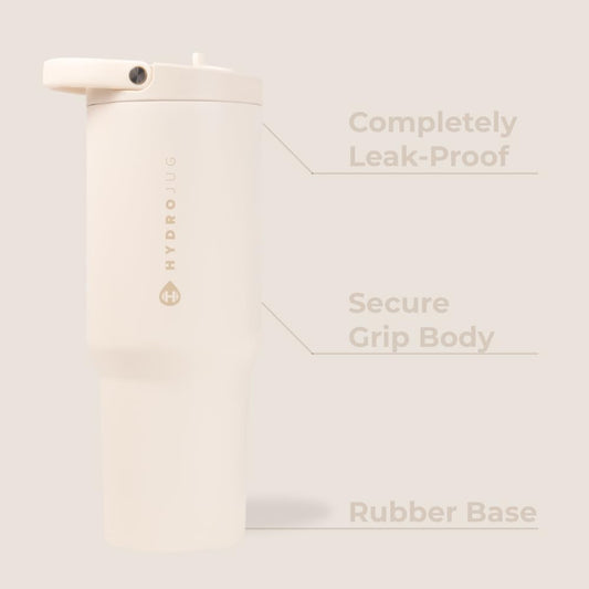 HydroJug Sport - Stainless Steel Tumbler with Straw, Vacuum Insulated, 40oz Leakproof Water Bottle, Ergonomic Design, Reusable, Dishwasher Safe, Rubber Base, Durable for Gym or Outdoors, Cream