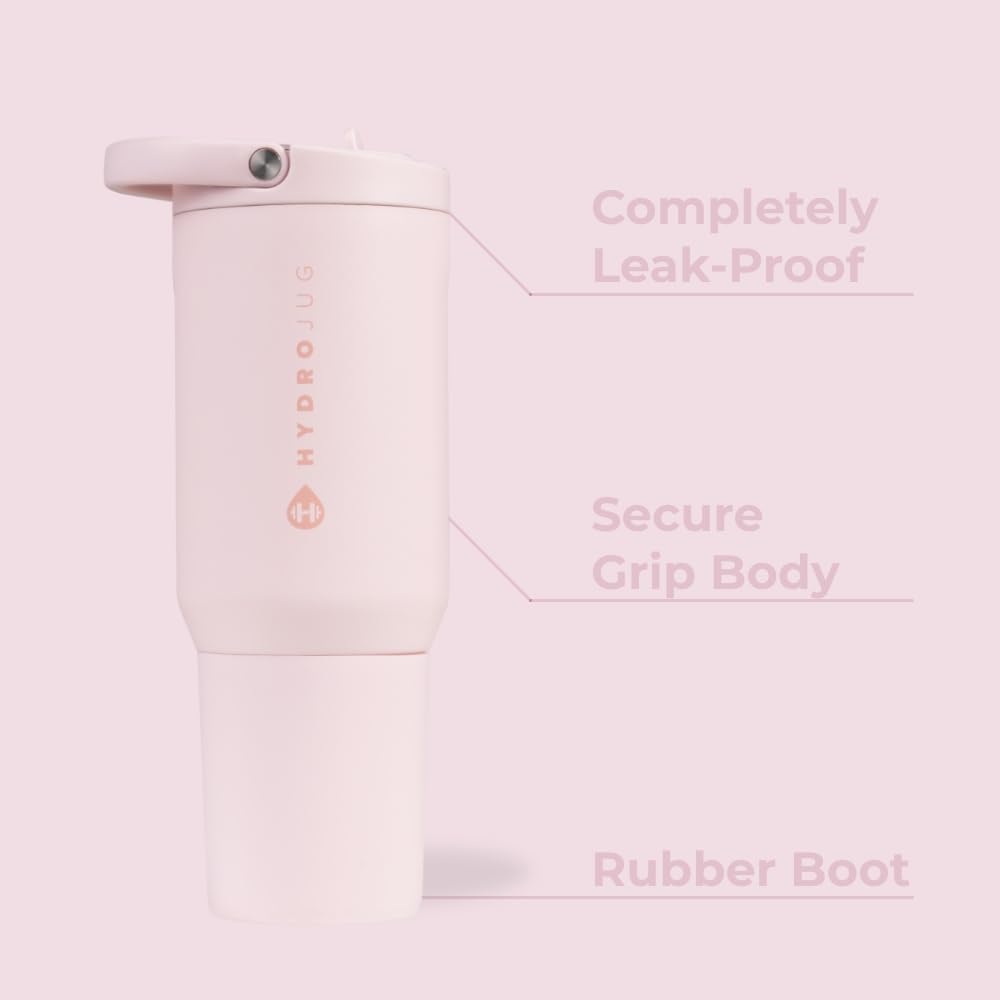 HydroJug Sport - Stainless Steel Tumbler with Straw, Vacuum Insulated, 20oz Leakproof Water Bottle, Ergonomic Design, Reusable, Dishwasher Safe, Rubber Base, Durable for Gym or Outdoors, Pink Sand