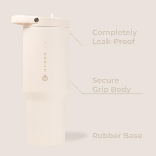 HydroJug Sport - Stainless Steel Tumbler with Straw, Vacuum Insulated, 32oz Leakproof Water Bottle, Ergonomic Design, Reusable, Dishwasher Safe, Rubber Base, Durable for Gym or Outdoors, Cream