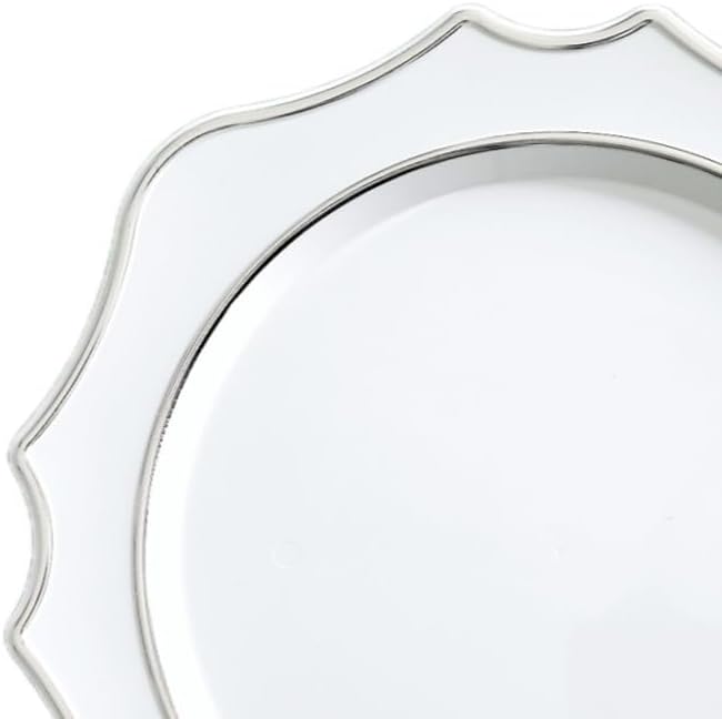 " OCCASIONS " 20 Pieces 13.25'' Scalloped Disposable/Reusable Plastic Charger Plates for Wedding, (Scalloped Imperial White & Silver)