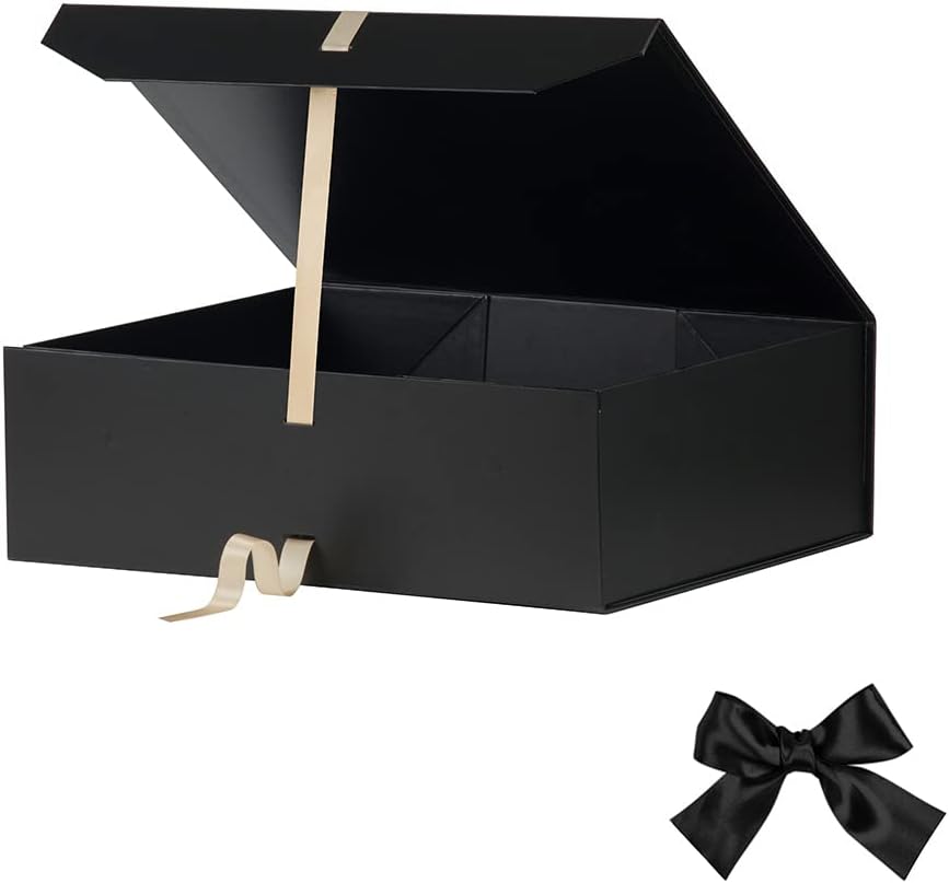 Black Extra Large Gift Box 16x14x5.3 Inches With Ribbon and Magnetic Lid Closure, Groomsman Proposal Box, Rectangle Collapsible Boxes for Large Gifts (Matte Black)