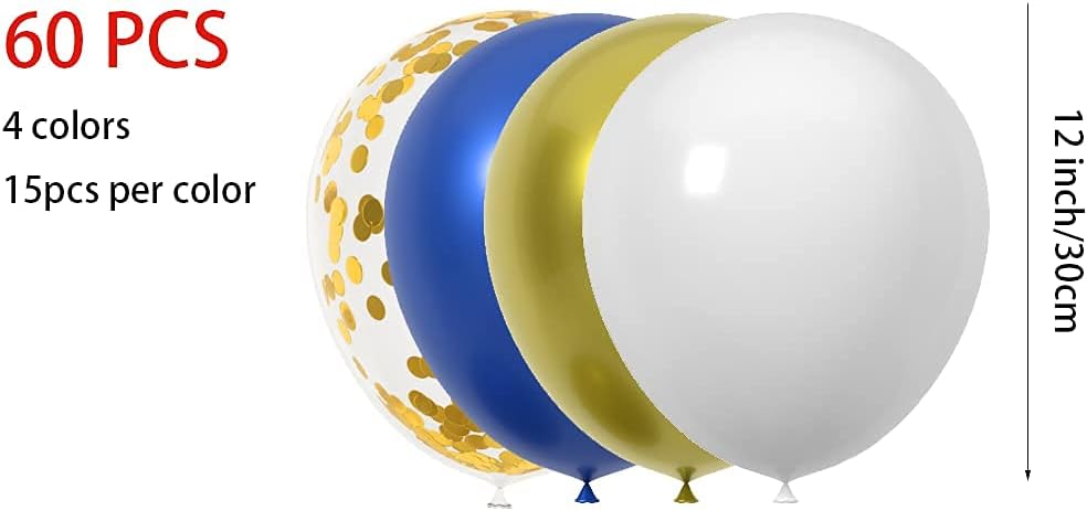 60 Count 12-Inch Navy Blue Gold White Latex Balloons - Graduation Wedding Birthday Decorations, Baby Shower And New Year Party Supplies