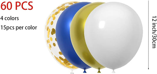 60 Count 12-Inch Navy Blue Gold White Latex Balloons - Graduation Wedding Birthday Decorations, Baby Shower And New Year Party Supplies