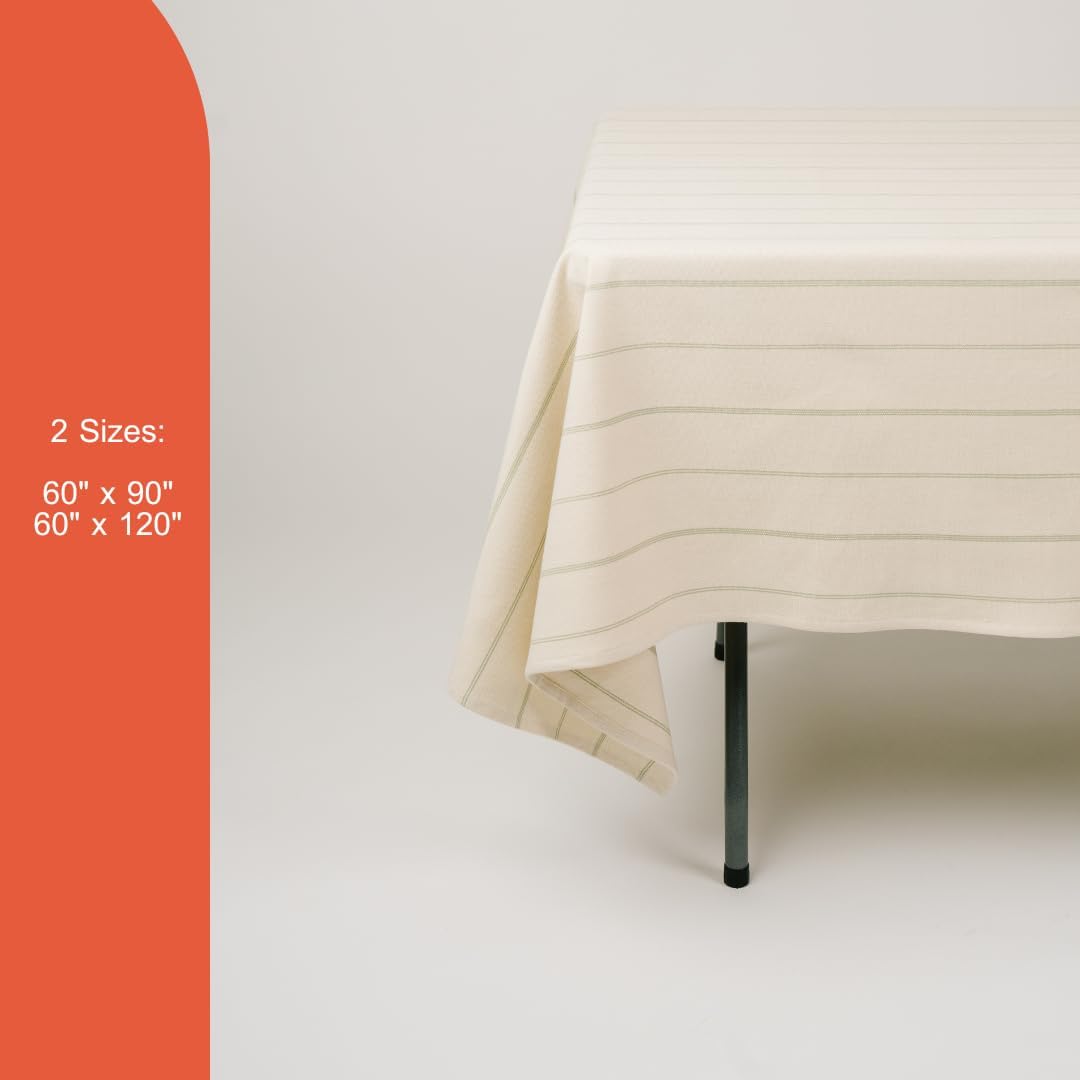 60x90 in Cotton Tablecloth – Large Rectangular Dining Table Cover for Kitchen, Weddings, Parties, Indoor or Outdoor Picnic and Everyday Décor – Green Stripe/Natural