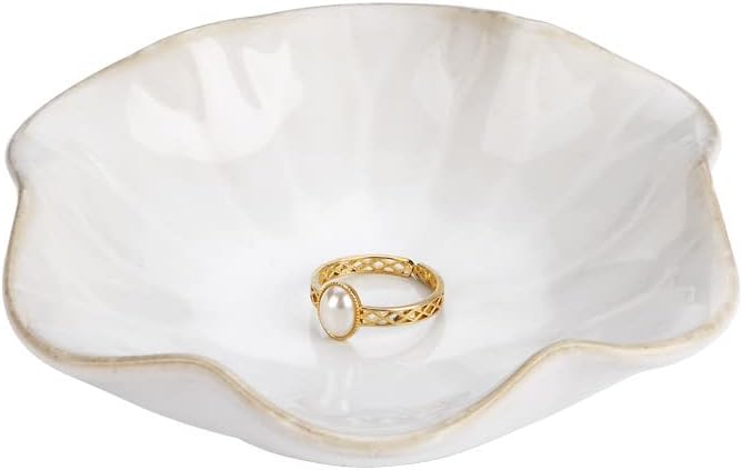 Lotus Leaf Shape Ring Holder Dish, Small Key Bowl, Ceramic Trinket Tray Jewelry Dish Organizing Necklace Earrings for Mom Friend Sister, White. All Jewelries Are NOT Included.