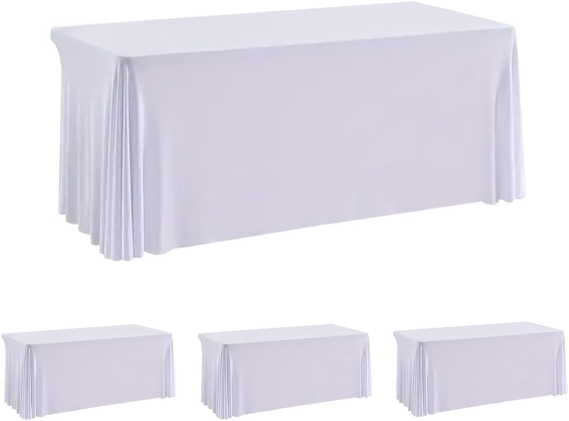 HAORUI Open Back Table Skirts, 4Pack Rectangle Wrinkle Resistant Table Clothes, Ruffles Elastic Table Cover for Banquets, Weddings, Parties (6ft White)