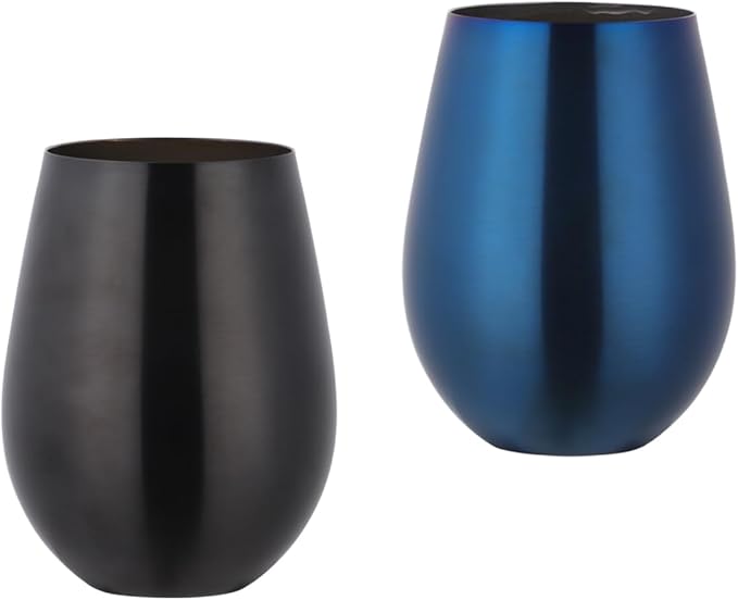 Buyer Star 304 Stainless Steel Wine Glasses Set of 2 - Large 17 oz Outdoor Stemless Wine Tumblers - 100% Unbreakable & Stemless Metal Drinking Cups for Home and Outdoors Dishwasher safe (Black&Blue)