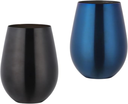 Buyer Star 304 Stainless Steel Wine Glasses Set of 2 - Large 17 oz Outdoor Stemless Wine Tumblers - 100% Unbreakable & Stemless Metal Drinking Cups for Home and Outdoors Dishwasher safe (Black&Blue)