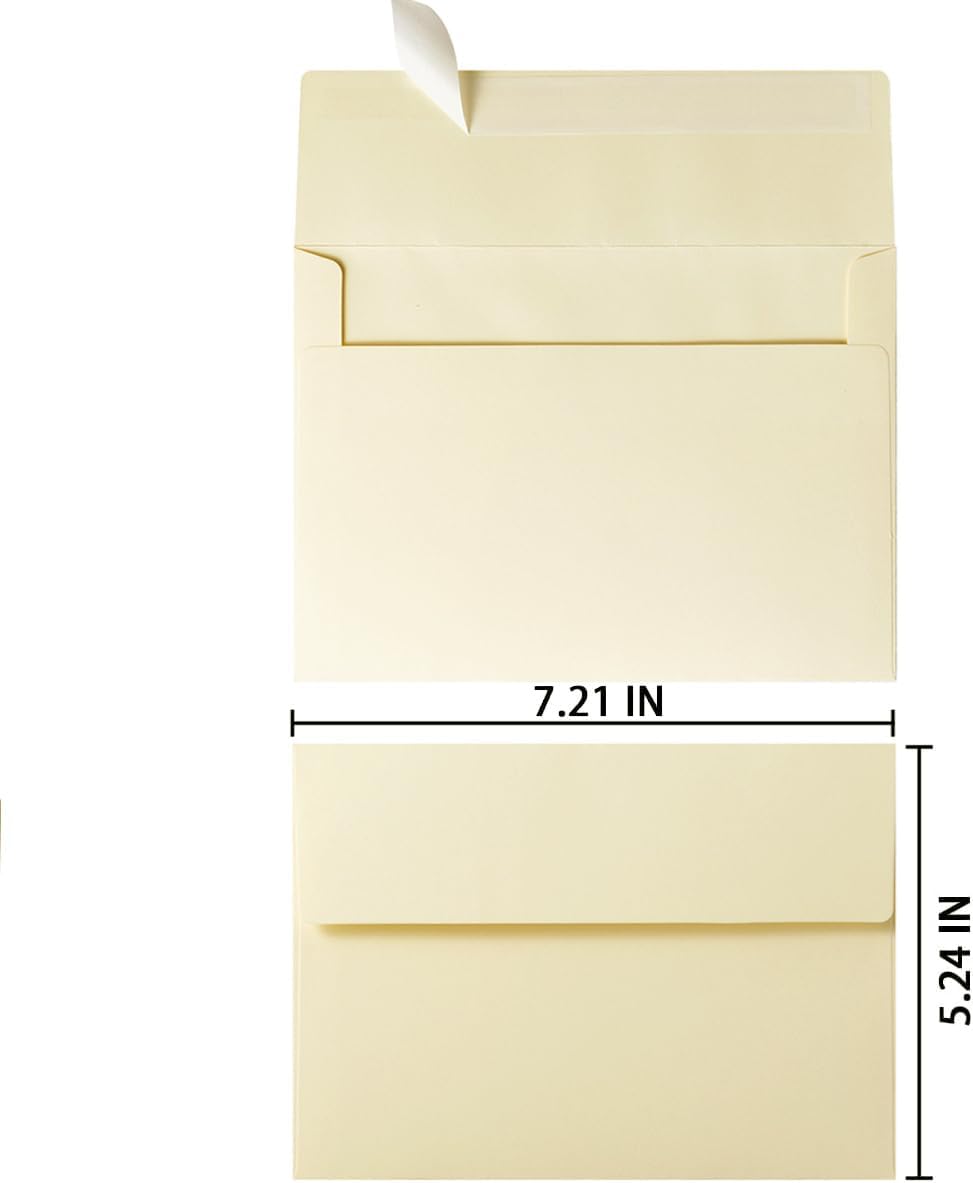 50 Pack 5 x 7 Envelopes Cream Self Seal for Wedding, Party Invitations, Greeting Cards, Announcements, Photos, 5.24 x 7.21 Inches (Cream)