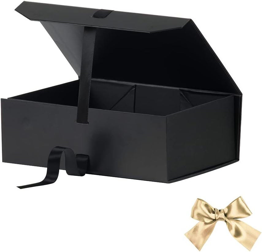 Black Gift Boxes with Lids 10x7.3x3.5 Inches, Decorative Gift Boxes with Ribbons, Black Boxes with Lid Magnetic Closure, Groomsman Boxes (Matte Black)