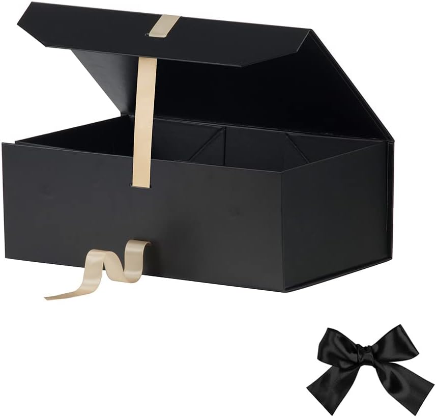 Large Black Gift Box With Ribbon and Magnetic Closure Lid, 12x8x4.5 Inches - Bridesmaid Proposal Box for Festival (Matte Black)