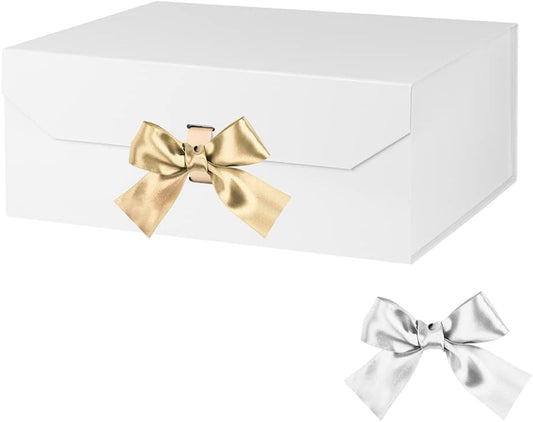 White Large Gift Box 13x11x5.3 Inches With Ribbon, Lid Magnetic Closure, Christmas, Rectangle Collapsible for Men Shoes (Glossy White)