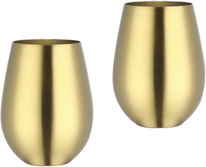 Buyer Star 304 Stainless Steel Wine Glasses Set of 2- Large 17 oz Outdoor Stemless Wine Tumblers - 100% Unbreakable & Stemless Metal Drinking Cups for Home and Outdoors (Champagne gold, Set of 2)