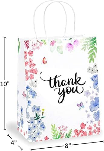 Purple Q Crafts Thank You Gift Bags 25 Pack 8" X 4" X 10" Small Paper Bags With Handles Floral Design Thank You Bags For Business, Boutique, Gifts, Wedding Favors…
