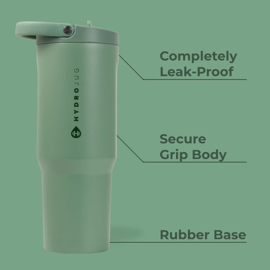 HydroJug Sport - Stainless Steel Tumbler with Straw, Vacuum Insulated, 32oz Leakproof Water Bottle, Ergonomic Design, Reusable, Dishwasher Safe, Rubber Base, Durable for Gym or Outdoors, Sage