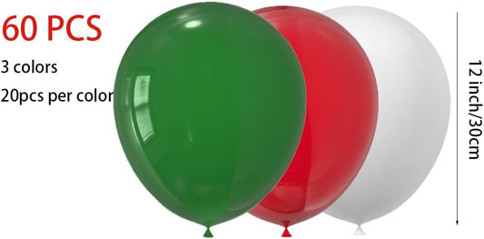 60 Pcs 12-Inch Latex Balloons in Red, Green, and White - Perfect for Christmas, New Year,Graduation, Birthday, Baby Shower, and Party Decorations