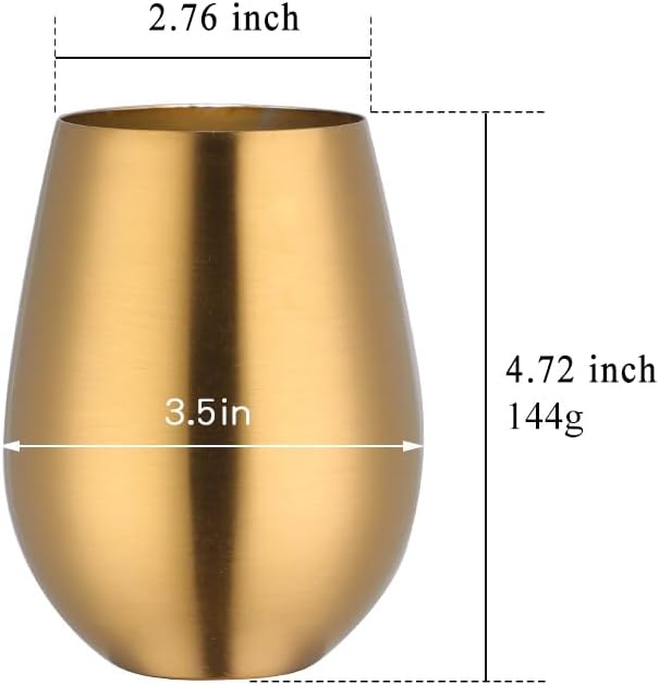 Buyer Star 304 Stainless Steel Wine Glasses Set of 4 - Large 17 oz Outdoor Stemless Wine Tumblers - 100% Unbreakable & Stemless Metal Drinking Cups for Home and Outdoors Dishwasher safe (Gold)