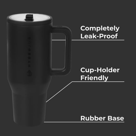 HydroJug Traveler - 40 oz Water Bottle with Handle & Flip Straw - Fits in Cup Holder, Leak Resistant Tumbler-Reusable Insulated Stainless Steel & Rubber Base - Gifts for Women & Men, Black