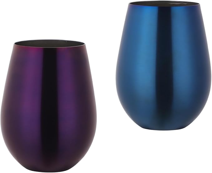 Buyer Star 304 Stainless Steel Wine Glasses Set of 2 - Large 17 oz Outdoor Stemless Wine Tumblers - 100% Unbreakable & Stemless Metal Drinking Cups for Home and Outdoors Dishwasher safe (Blue&Purple)