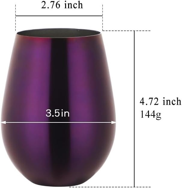 Buyer Star 304 Stainless Steel Wine Glasses Set of 4 - Large 17 oz Outdoor Stemless Wine Tumblers - 100% Unbreakable & Stemless Metal Drinking Cups for Home and Outdoors (Purple, Set of 4)