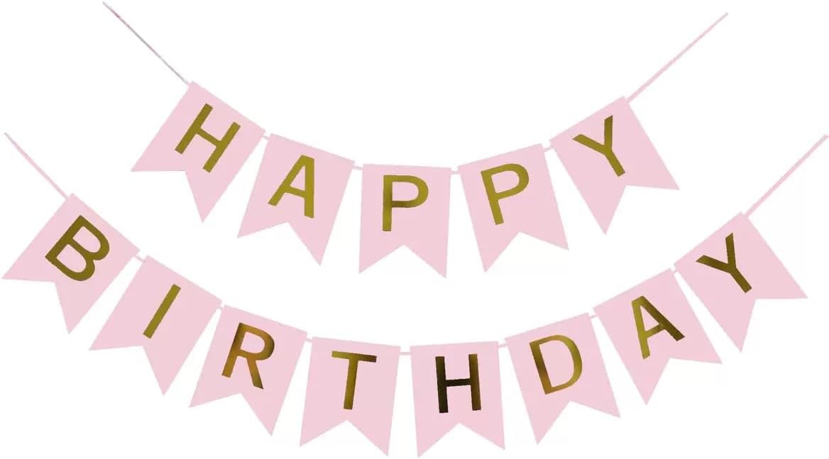 Pink Happy Birthday Banner - Large Gold Lettered Decor for Birthday Party, Reusable Black & Gold Party Supplies for Boys, Girls, Men, Women