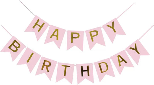 Pink Happy Birthday Banner - Large Gold Lettered Decor for Birthday Party, Reusable Black & Gold Party Supplies for Boys, Girls, Men, Women