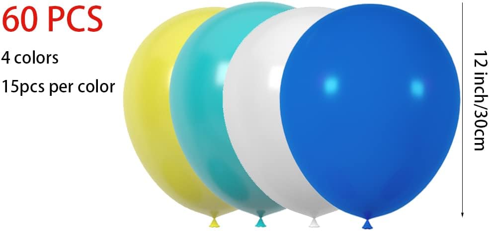 60 pcs 12 Inch Royal Blue White Teal Yellow Latex Balloons, For Birthday, Wedding, Baby Shower, Party Balloons Decorations