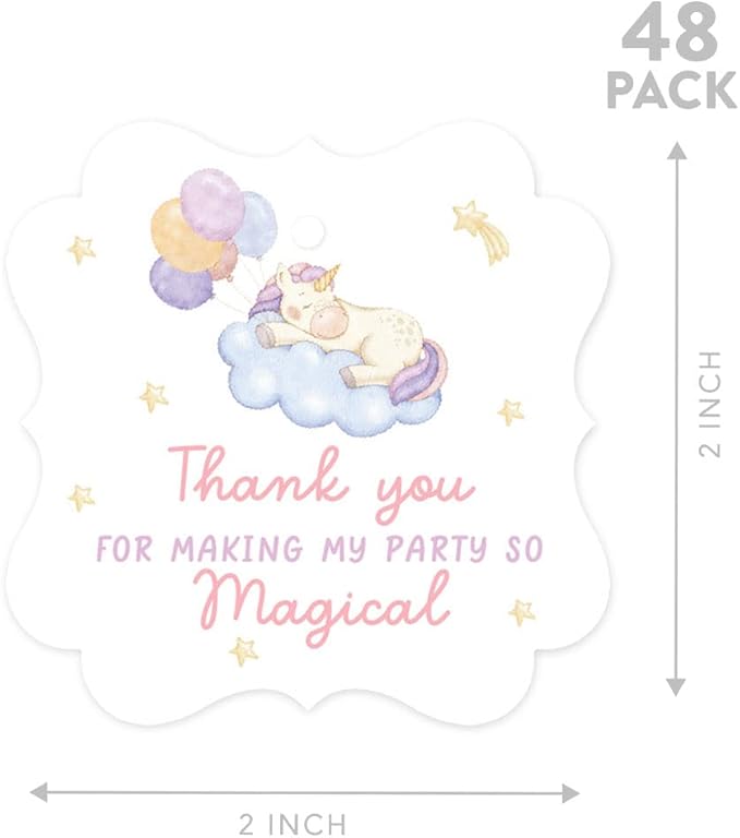 Andaz Press Fancy Frame Kids Party Favor Thank You Tags with String, 48-Pack Unicorn Birthday Gift Tags for Gift Bags, Favor Bags, Goody Bags, Girls Unicorn Birthday, 1st Birthday Party Favors