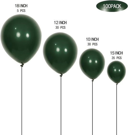 100pcs Dark Green Balloons Latex Party Balloons 18 inch +12 inch +10 inch +5 inch for Christmas Green Balloon Birthday Party Baby Shower Decoration