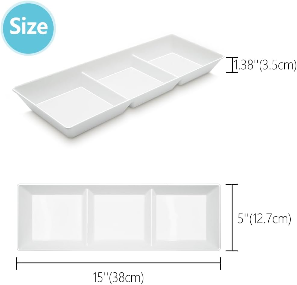 Divided Serving Tray Platter, 3 Pack 15" x 5" Fruit Veggie Food Tray for Party, Plastic Serving Trays for Appetizer, Snack, Dessert, Cookie, Brunch Decorations Platters, White Trays BPA-Free