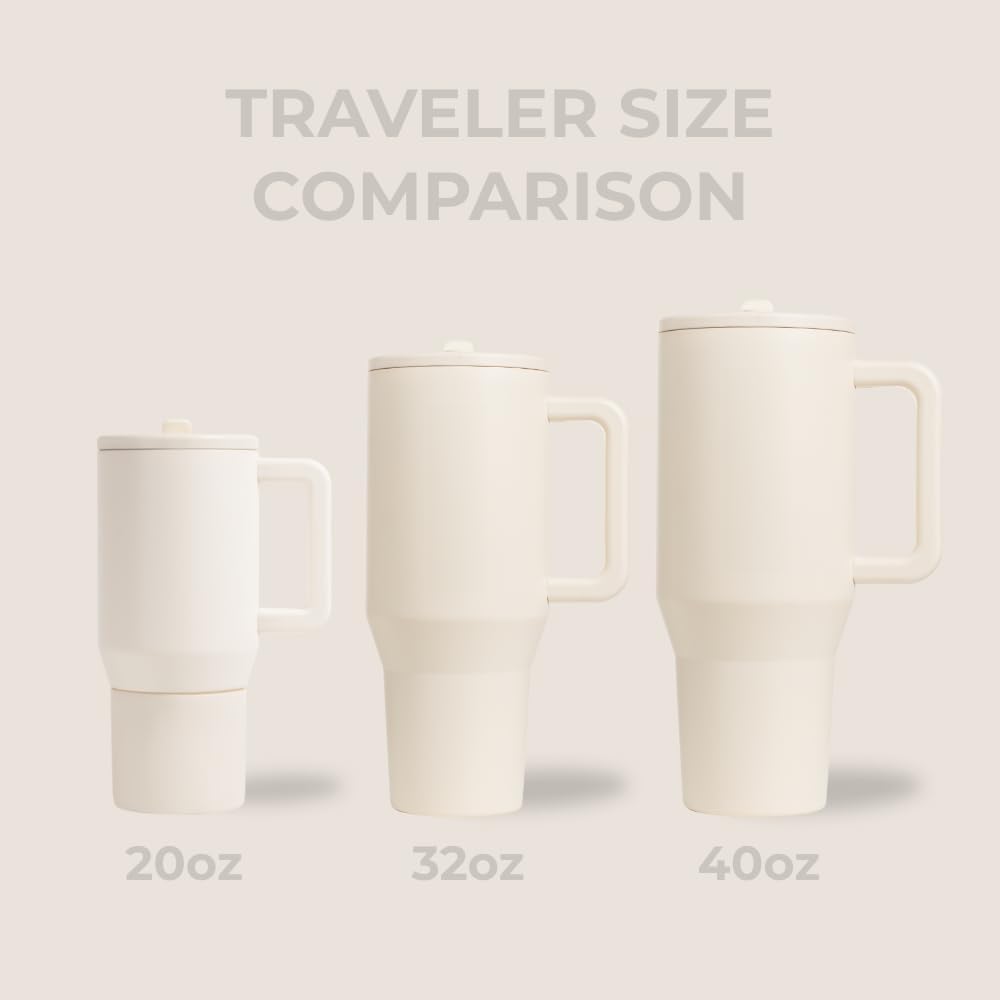 HydroJug Traveler - 32 oz Water Bottle with Handle & Flip Straw - Fits in Cup Holder, Leak Resistant Tumbler-Reusable Insulated Stainless Steel & Rubber Base - Gifts for Women & Men, Cream