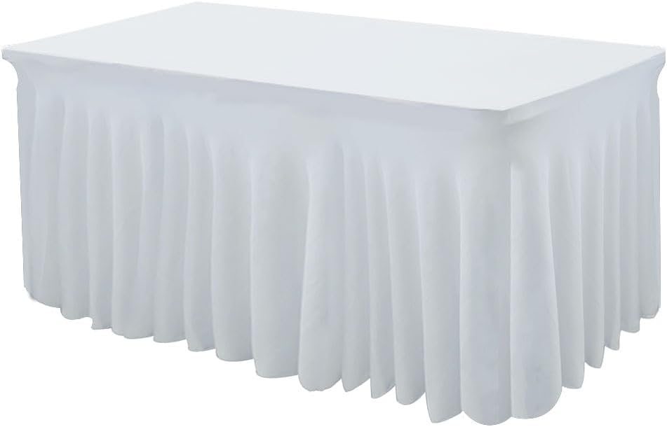 HAORUI Table Skirts, 6ft Rectangle Wrinkle Resistant Table Clothes, Ruffles Elastic Table Cover for Banquets, Weddings, Parties (6 Ft, White)