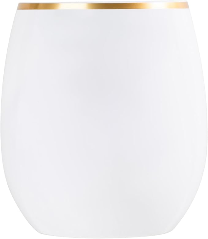 PLASTICPRO 12 Pack White With Gold Rim Plastic Wine Glasses Stemless Disposable 12 oz BPA Free Shatterproof Plastic Wine Cups Wine Glasses for Parties