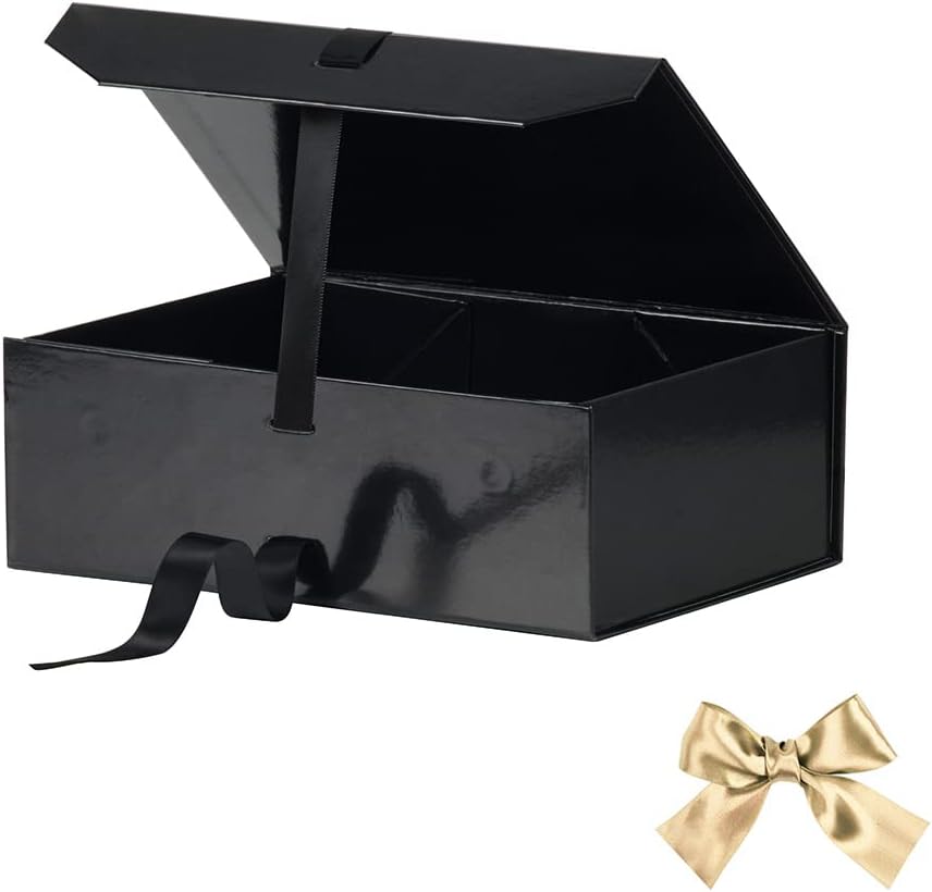 Black Gift Boxes for Presents 10x7.3x3.5 Inches, Decorative Boxes with Ribbons, Empty Gift Boxes with Lid Magnetic Closure, Groomsman Boxes Christmas (Glossy Black)