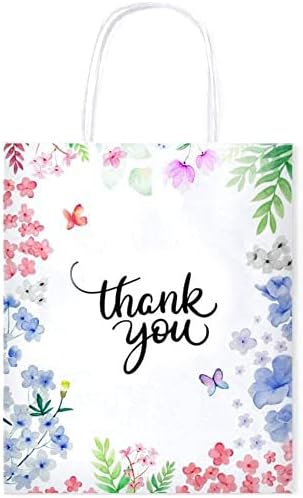 Purple Q Crafts Thank You Gift Bags 25 Pack 8" X 4" X 10" Small Paper Bags With Handles Floral Design Thank You Bags For Business, Boutique, Gifts, Wedding Favors…