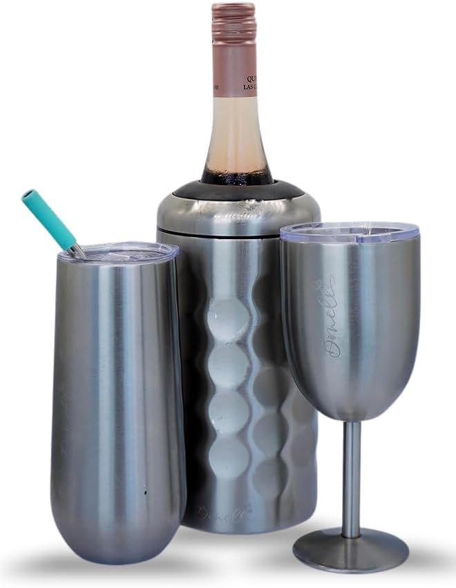 Champagne Bottle Chiller Gift Set- Portable Stainless Steel Sparkling Wine Cooler with 2 Champagne Flutes (Black)