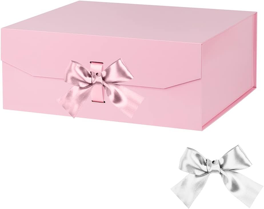 Pink Large Gift Box 13x11x5.3 Inches With Ribbon, Lid Magnetic Closure, Christmas, Rectangle Collapsible for Men Shoes