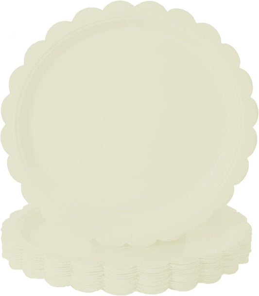 BEFORYOU 50PCS Scalloped Disposable Paper Plates 9IN Dessert Cake Party Plates for Baby Shower, Wedding,Bridal Shower Birthday Party Supplies (Milky-White, 7IN)