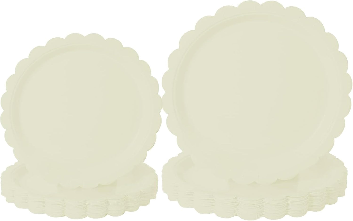 BEFORYOU 50PCS Scalloped Disposable Paper Plates 9IN Dessert Cake Party Plates for Baby Shower, Wedding,Bridal Shower Birthday Party Supplies (Milky-White, 7IN and 9IN)