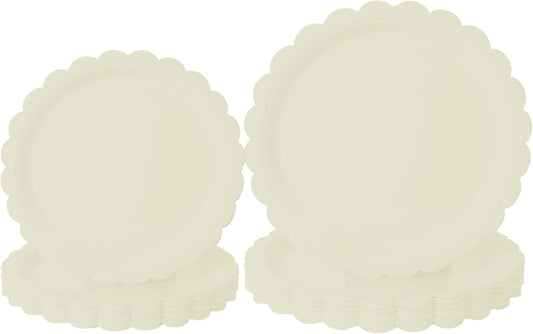 BEFORYOU 50PCS Scalloped Disposable Paper Plates 9IN Dessert Cake Party Plates for Baby Shower, Wedding,Bridal Shower Birthday Party Supplies (Milky-White, 7IN and 9IN)