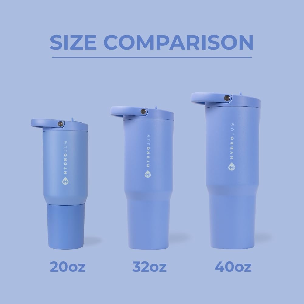 HydroJug Sport - Stainless Steel Tumbler with Straw, Vacuum Insulated, 20oz Leakproof Water Bottle, Ergonomic Design, Reusable, Dishwasher Safe, Rubber Base, Durable for Gym or Outdoors, Light Blue