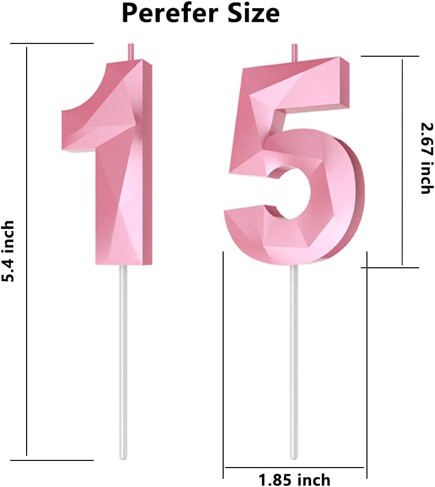 Number Birthday Candles(15 Candle Pink) 3D Diamond Shape 15th Happy Birthday Cake Topper Decorations for Girl Women Birthday Wedding Anniversary Celebration Theme Party Supplies