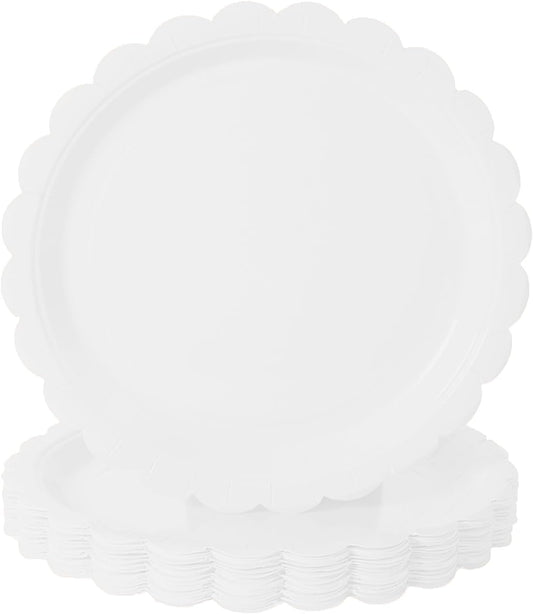 BEFORYOU 50PCS Scalloped Disposable Paper Plates Dessert Cake Party Plates for Baby Shower, Wedding,Bridal Shower Birthday Party Supplies (White, 7IN)