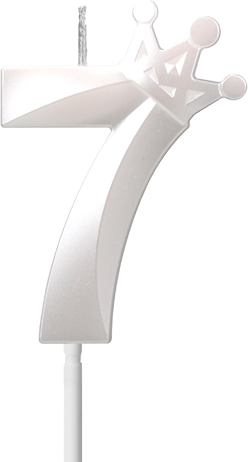 7th Birthday Candle for Cake 3D Crown Design Number 7 Seven Years Old Happy Birthday Decorations(Crown-7, Pearl White)