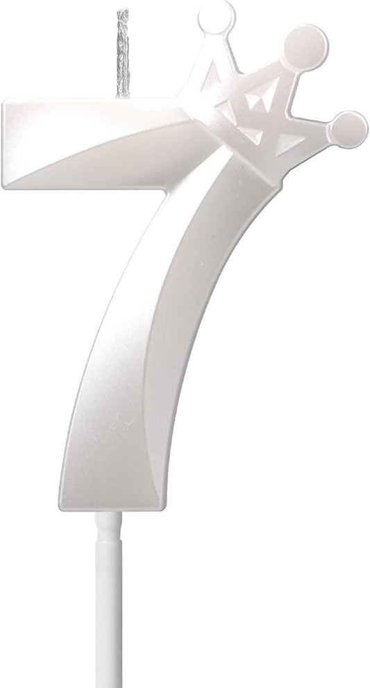 7th Birthday Candle for Cake 3D Crown Design Number 7 Seven Years Old Happy Birthday Decorations(Crown-7, Pearl White)