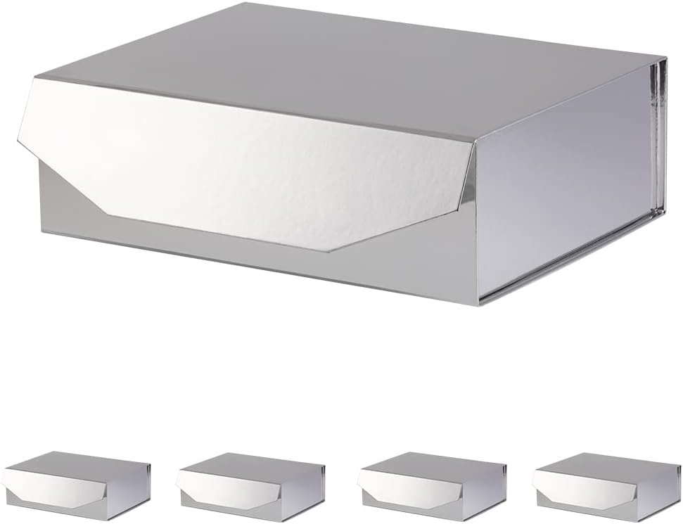 5 Silver Large Gift Boxes with Lid 13x9x4 Inches, Bridesmaid Proposal Boxes, Hard Collapsible Gift Box with Magnetic Closure, Groomsman Box Reusable Gift Boxes for Clothes (Glossy Silver)