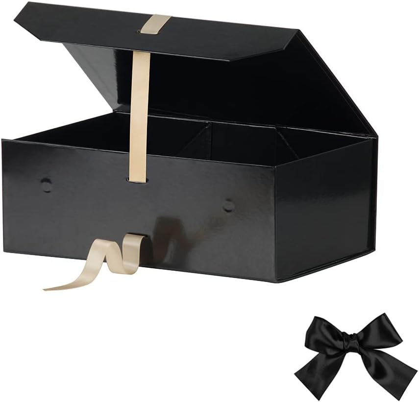 Glossy Black Bridesmaid Proposal Box - Large Gift Box with Lid, Magnetic Closure, Ribbon - 12x8x4.5 Inches