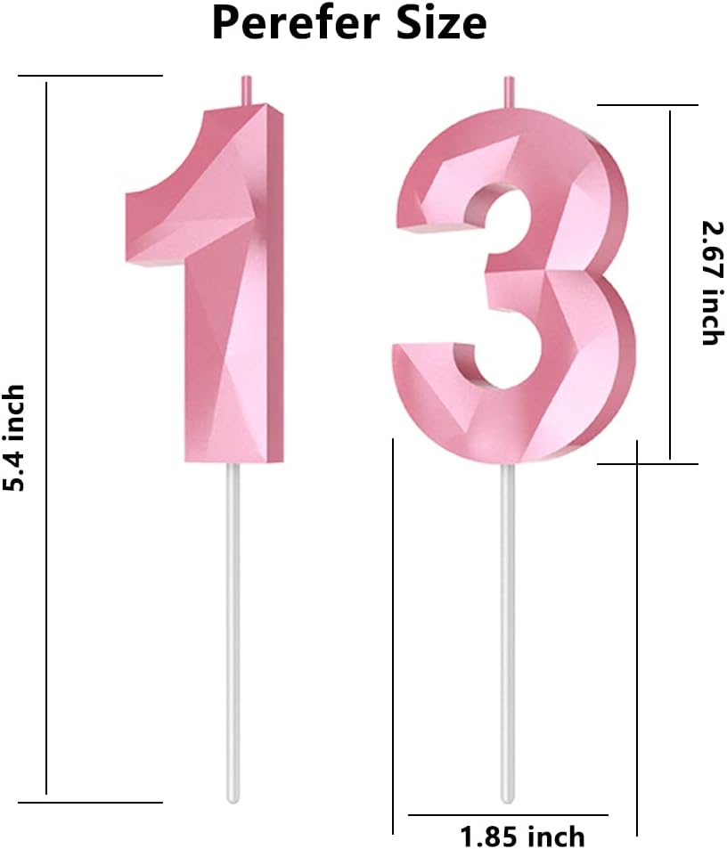 Number Birthday Candles(13 Candle Pink) 3D Diamond Shape 13th Happy Birthday Cake Topper Decorations for Girl Women Birthday Wedding Anniversary Celebration Theme Party Supplies