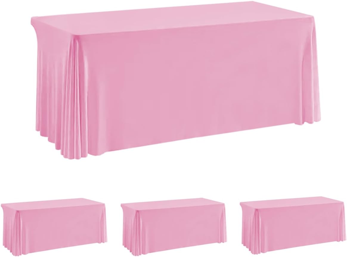 HAORUI Open Back Table Skirts, 4Pack Rectangle Wrinkle Resistant Table Clothes, Ruffles Elastic Table Cover for Banquets, Weddings, Parties (6ft Pink)