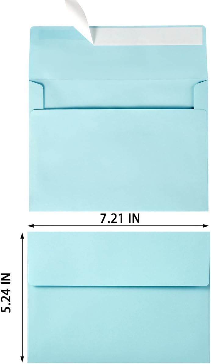 50 Pack 5 x 7 Envelopes Colored Self Seal for Wedding, Party Invitations, Greeting Cards, Announcements, Photos, 5.24 x 7.21 Inches (Light Blue)